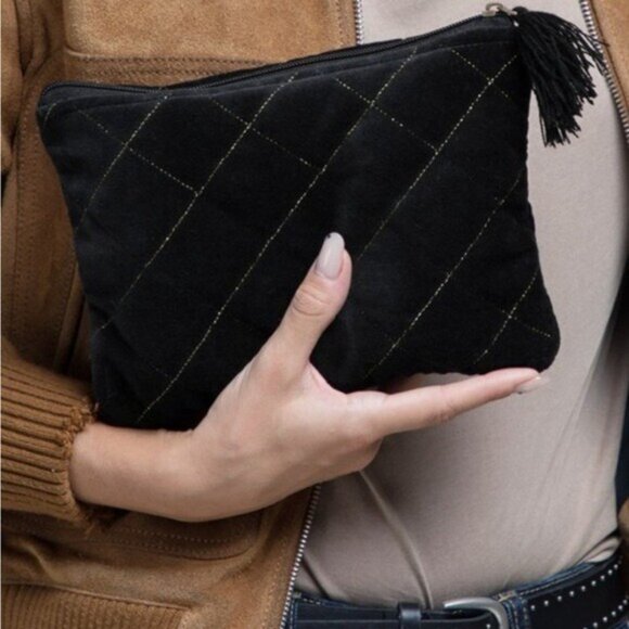 Quilted Black Velvet Clutch Pouch with Fine Thread Tassel and Zip Top Metallic - Picture 5 of 8